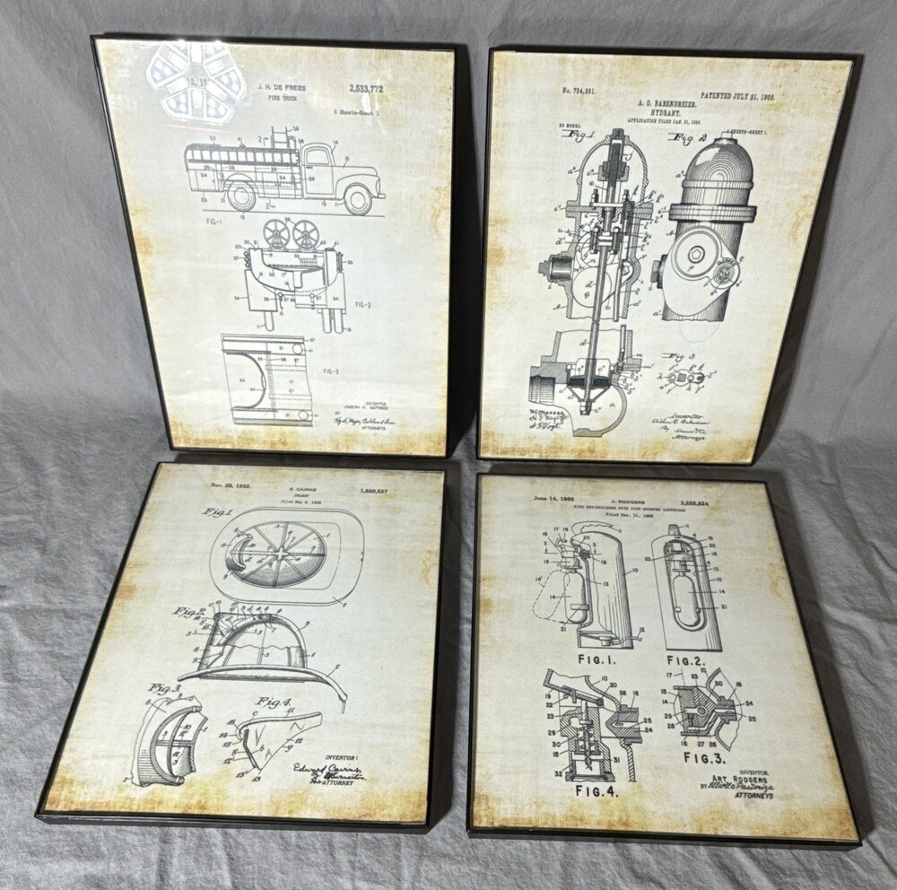 Set of 4 Framed decorative Firefighting Patent Blueprint Prints 8x10 Vertical
